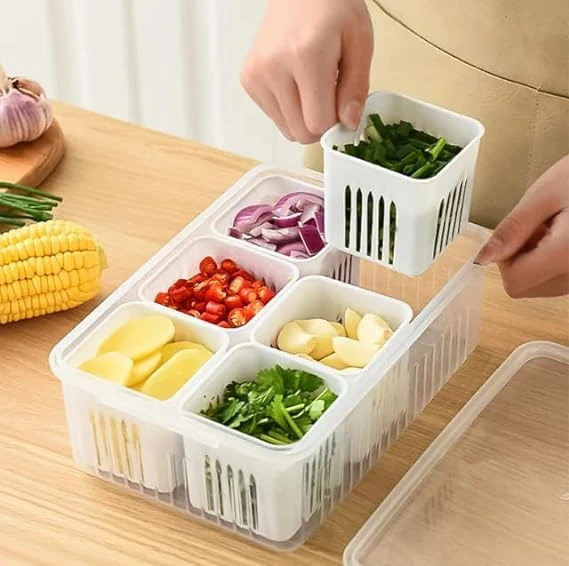 6 Grid Fridge Storage Box | Multi-Compartment Vegetable, Fruit & Food Organizer