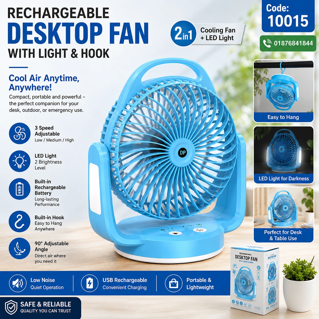 Rechargeable Desktop Fan with Light and Hook-Code 10015